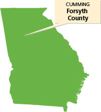 Georgia map pinpointing Cumming, Georgia and Forsyth County 