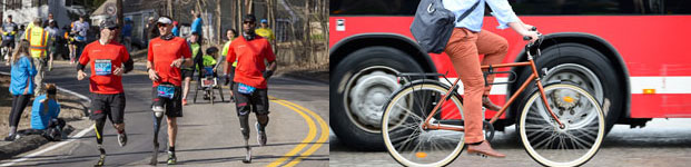 three men running and a bicyclist next to a bus